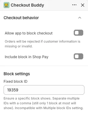 Checkout Buddy app block settings with the Fixed block ID field filled in