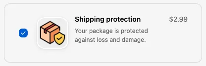 A checked checkbox product offer for $2.99 shipping protection, showing the image, title, checked-state description, and price