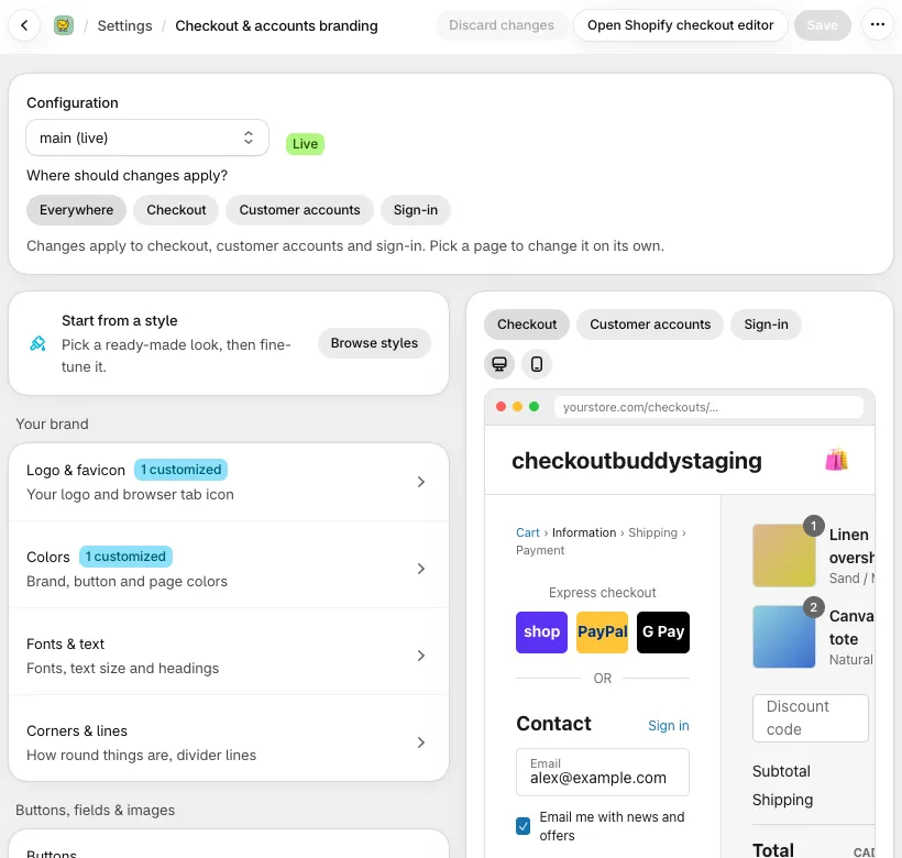 The Checkout & accounts branding editor with the ‘Where should changes apply?’ selector at the top, settings on the left, and a live preview with Desktop/Mobile toggles on the right