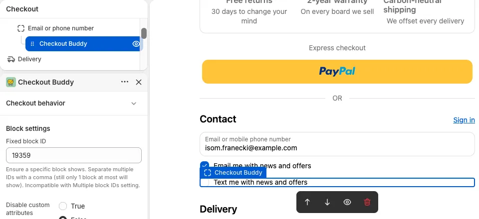A Checkout Buddy app block selected in the Checkout Editor, with Fixed block ID 19359 in its settings and its block highlighted in the preview