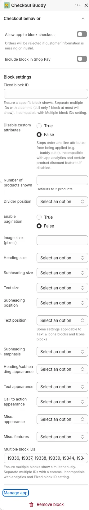 The Checkout Buddy app block settings panel in the Checkout Editor, from Checkout behavior down to Multiple block IDs