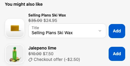 A cross sell block in the Linear layout offering ski wax with a variant dropdown and Jalapeno lime at a discounted price