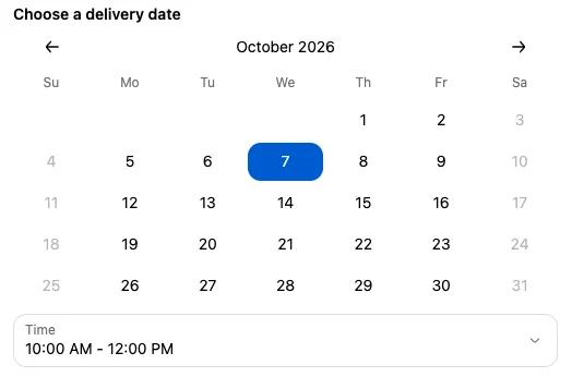 A Date picker block with Saturdays and Sundays disabled, October 7 selected, and a Time slot of 10 AM - 12 PM