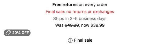 A Text block showing bold, red, subdued, and strikethrough text, a 20% OFF discount tag, and a Final sale tooltip icon