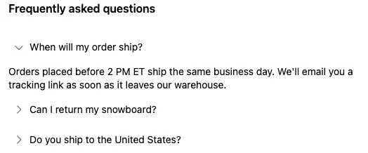 An FAQ block in checkout with three questions, ‘When will my order ship?’ expanded