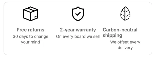 A Feature highlights block with borders and three columns: free returns, 2-year warranty, and carbon-neutral shipping