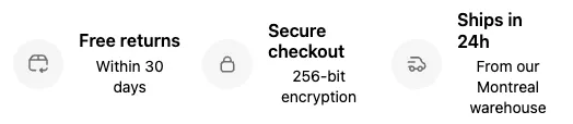 An Icons with text block in the horizontal layout with gray icon backgrounds: Free returns, Secure checkout, and Ships in 24h