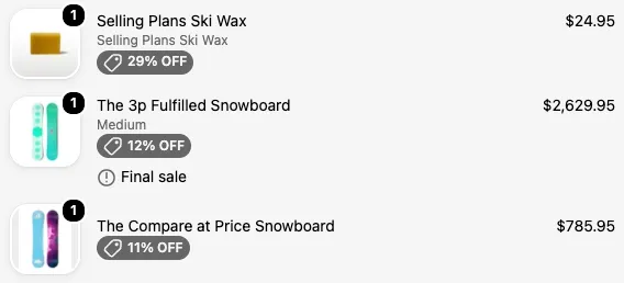 Checkout order summary with a ‘Final sale’ note under the one line item tagged final-sale, and none under the others