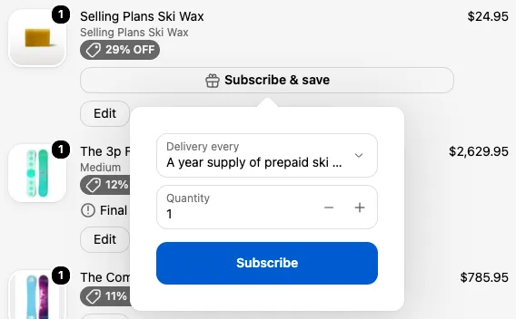 The order summary with ‘Subscribe & save’ under a product and its popover open, showing the plan dropdown, quantity, and Subscribe button