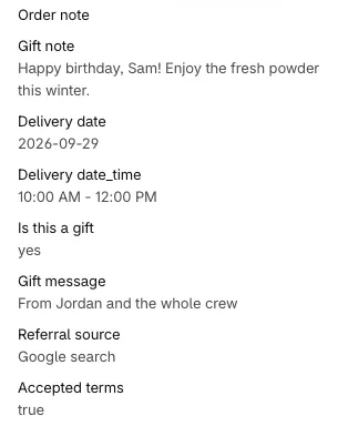 Form answers on an order in Shopify admin under Additional details: Gift note, Delivery date, Delivery date_time, Is this a gift, Gift message, Referral source, and Accepted terms