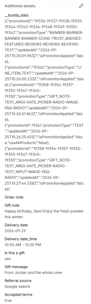 The Additional details card on an order in Shopify admin, showing __buddy_data followed by form field answers such as Gift note and Delivery date