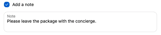 An ‘Add a note’ checkbox ticked, with a typed note in the Note box below