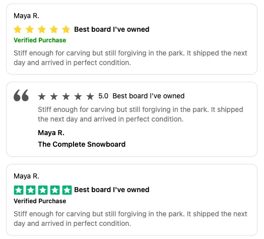 The same review shown in style A, B, and C, top to bottom