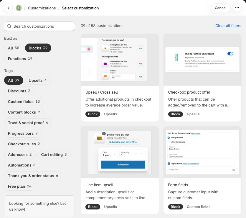 The Select customization page with the Built as filter set to Blocks
