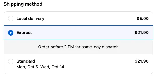Shipping methods list with ‘Order before 2 PM for same-day dispatch’ under the Express option only