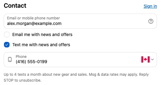 The SMS consent checkbox ticked in the contact section, with the phone field and small print shown below