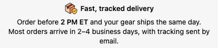 A Text block in the order summary showing a small package icon, the subheading ‘Fast, tracked delivery’, and a paragraph with bold text