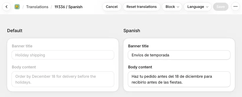 The translations editor for a banner block, with the original text on the left and Spanish translations on the right
