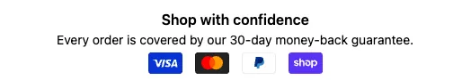 A Trust badges block with Visa, Mastercard, PayPal, and Shop Pay logos under a short guarantee message